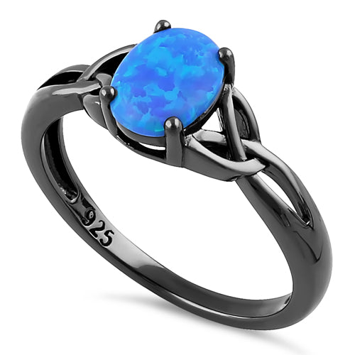 Sterling Silver Black Rhodium Plated Center Stone Charmed Blue Lab Opal Ring