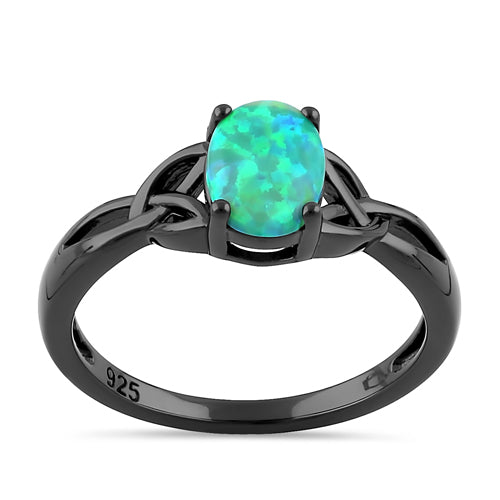 Sterling Silver Black Rhodium Plated Center Stone Charmed Aqua Green Lab Opal Ring