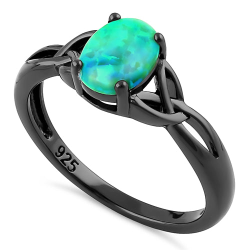Sterling Silver Black Rhodium Plated Center Stone Charmed Aqua Green Lab Opal Ring