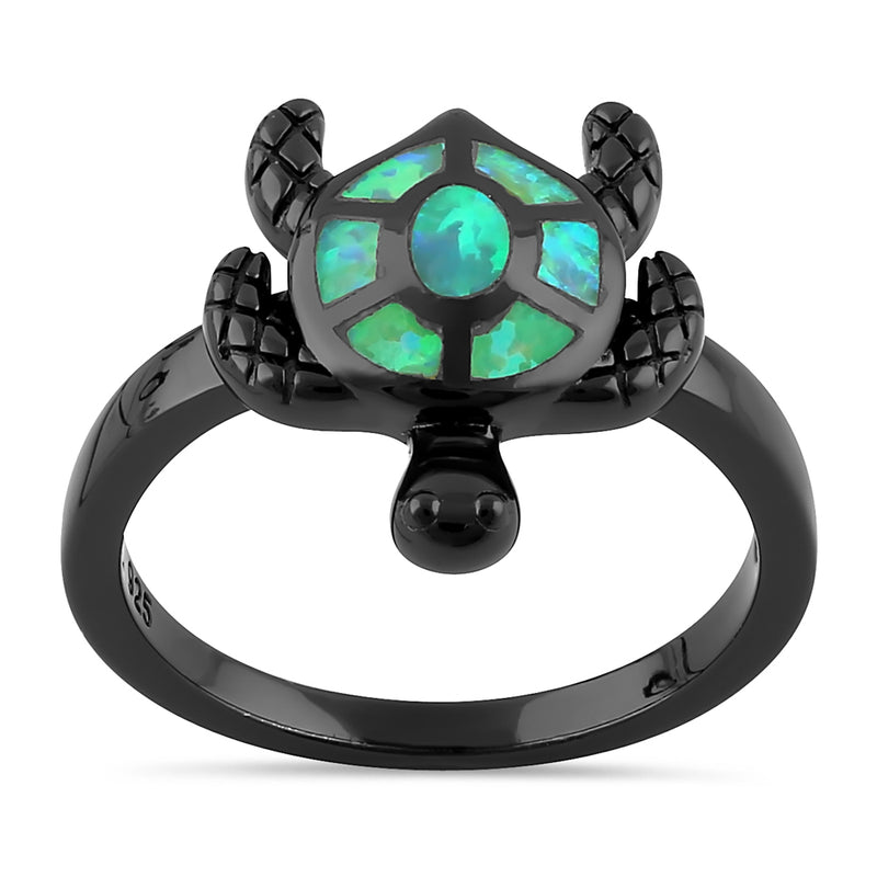 Sterling Silver  Black Rhodium Plated Turtle Green Lab Opal Ring