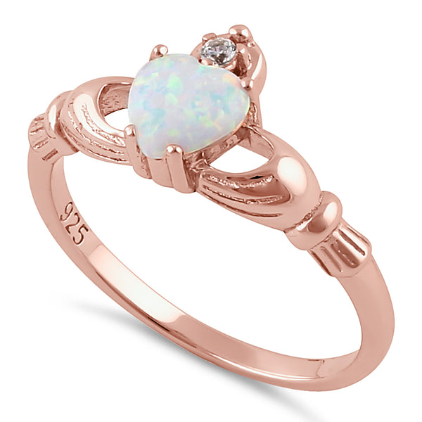 Sterling Silver Rose Gold Claddagh White Lab Opal CZ Ring