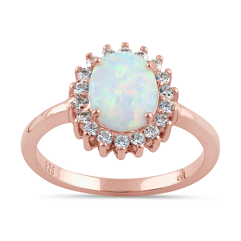 Sterling Silver Rose Gold Oval Halo White Lab Opal CZ Ring