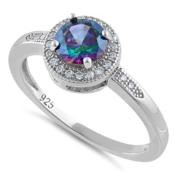 Sterling Silver Elegant Round Halo Rainbow CZ Ring