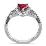 Sterling Silver Heart Halo Twist Garnet CZ Ring