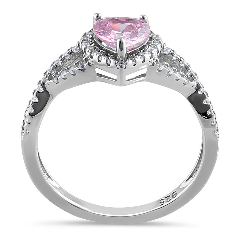 Sterling Silver Heart Halo Twist Pink CZ Ring