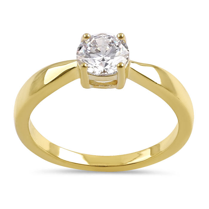 Sterling Silver 6mm Round Clear CZ Yellow Gold Plated Ring