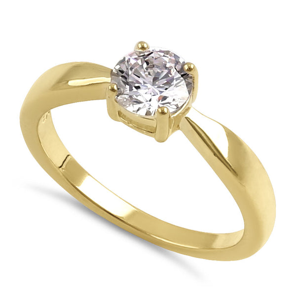 Sterling Silver 6mm Round Clear CZ Yellow Gold Plated Ring