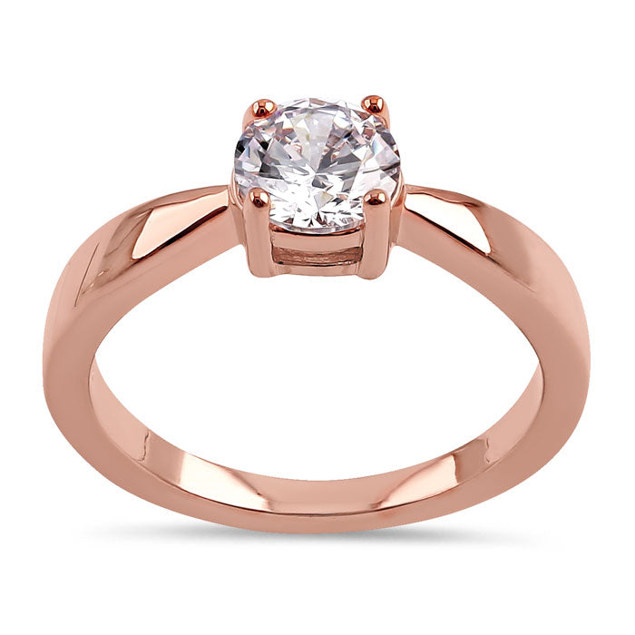 Sterling Silver 6mm Round Clear CZ Rose Gold Plated Ring