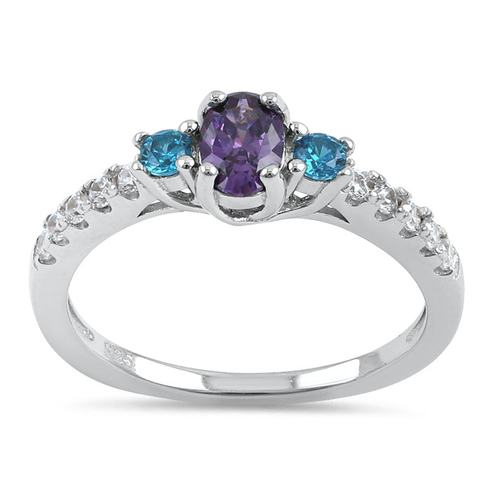 Sterling Silver Enchanted Oval Amethyst and Blue Topaz CZ Ring