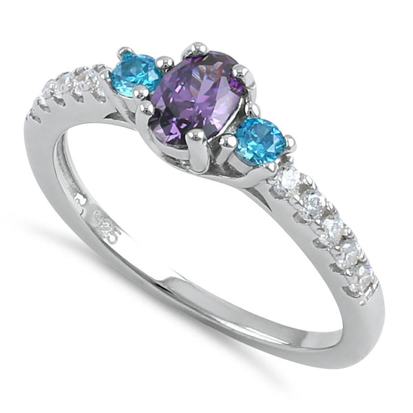 Sterling Silver Enchanted Oval Amethyst and Blue Topaz CZ Ring