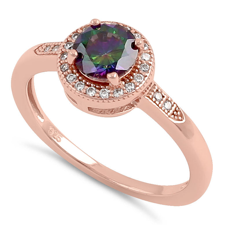 Sterling Silver Elegant Round Halo Rainbow CZ Rose Gold Plated Ring