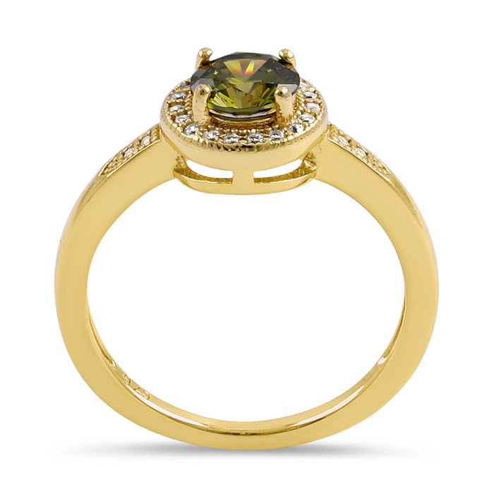 Sterling Silver Elegant Round Halo Peridot CZ Yellow Gold Plated Ring