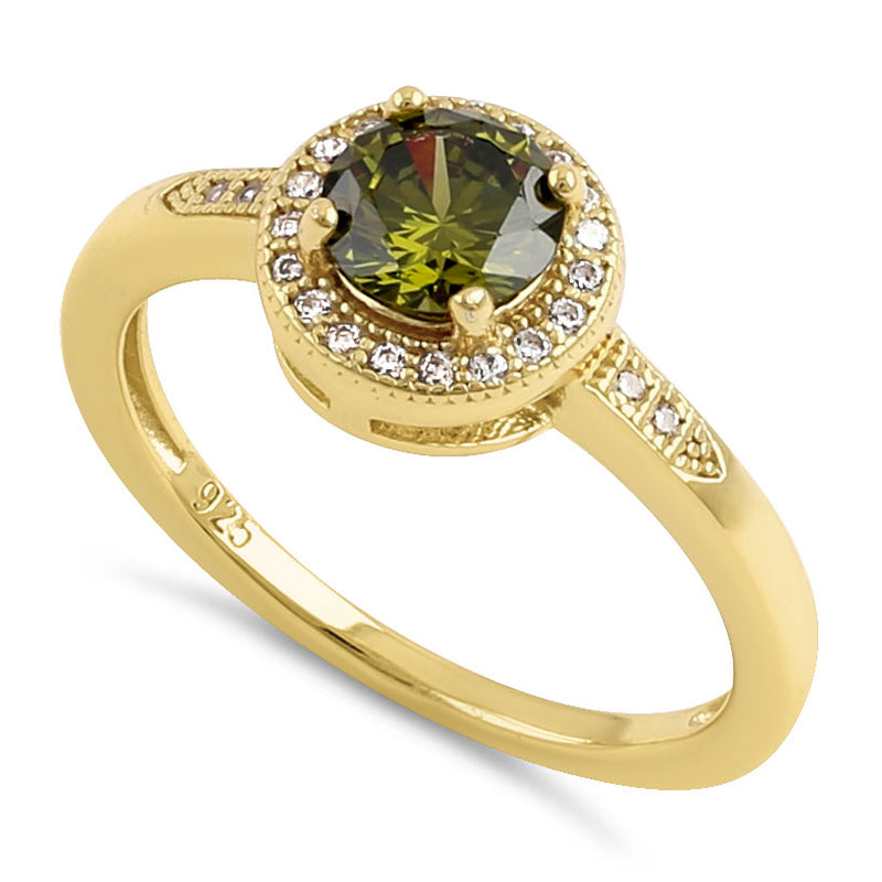 Sterling Silver Elegant Round Halo Peridot CZ Yellow Gold Plated Ring