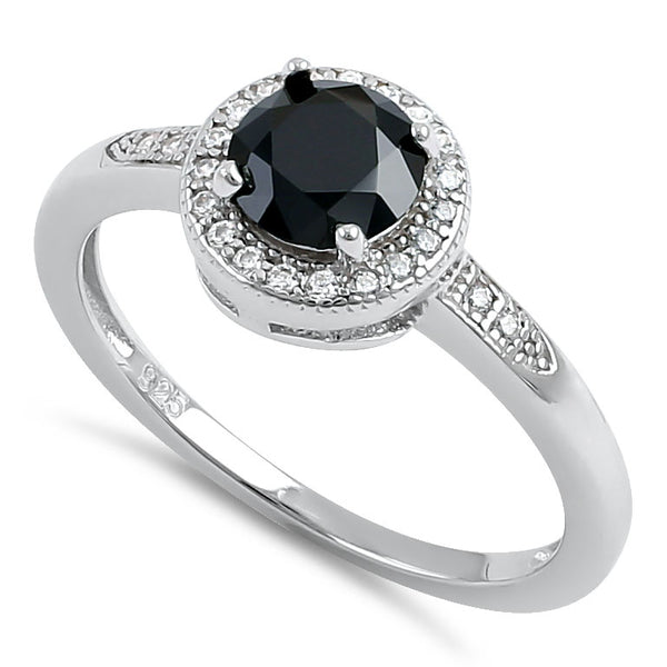 Sterling Silver Elegant Round Halo Black CZ Ring