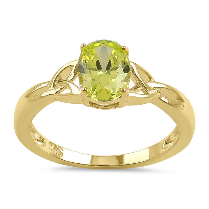 Sterling Silver Gold Plated Charmed Oval Apple Green CZ Ring