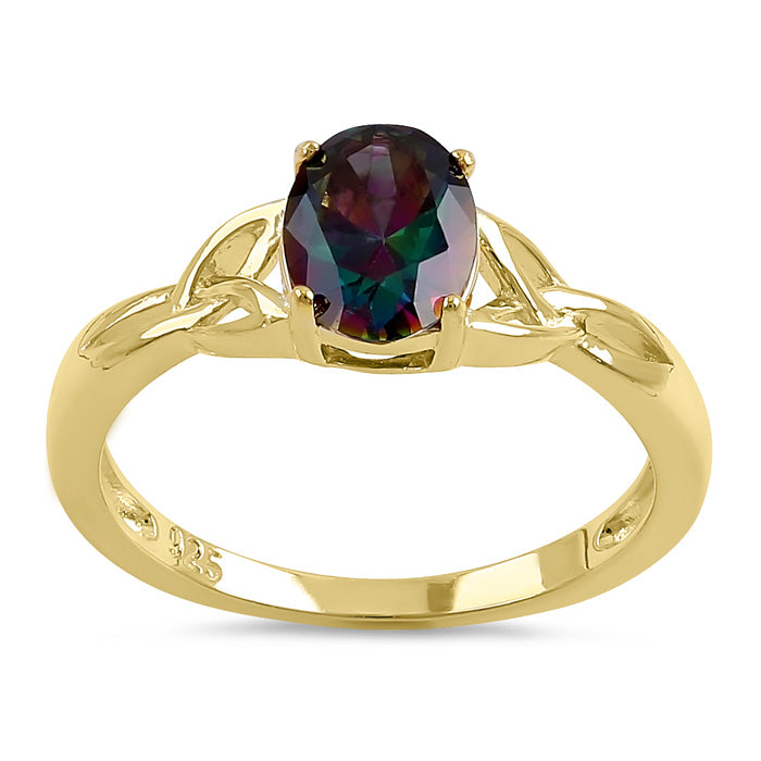 Sterling Silver Gold Plated Charmed Oval Rainbow CZ Ring