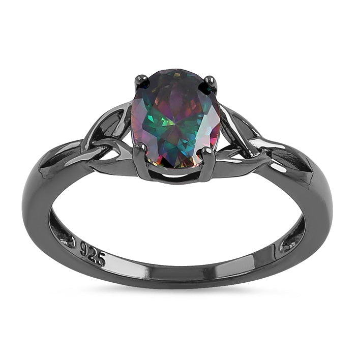 Sterling Silver Black Rhodium Plated Charmed Oval Rainbow CZ Ring