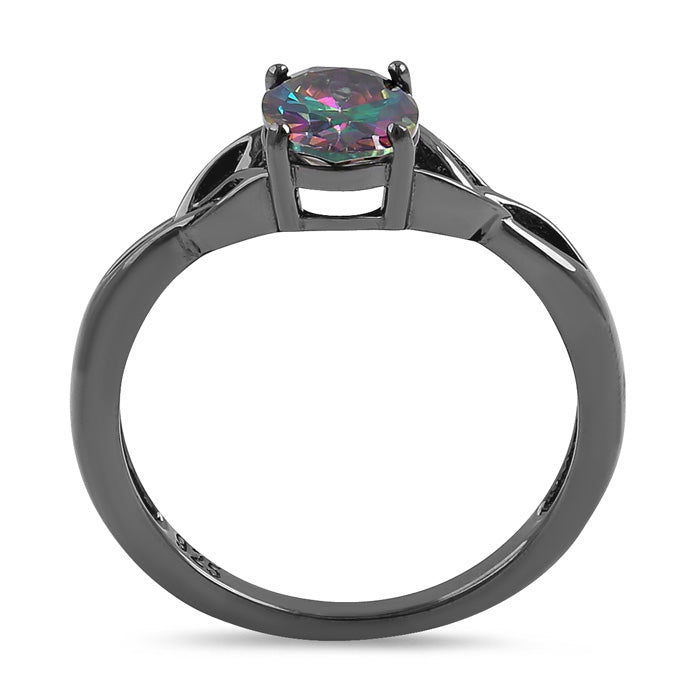 Sterling Silver Black Rhodium Plated Charmed Oval Rainbow CZ Ring