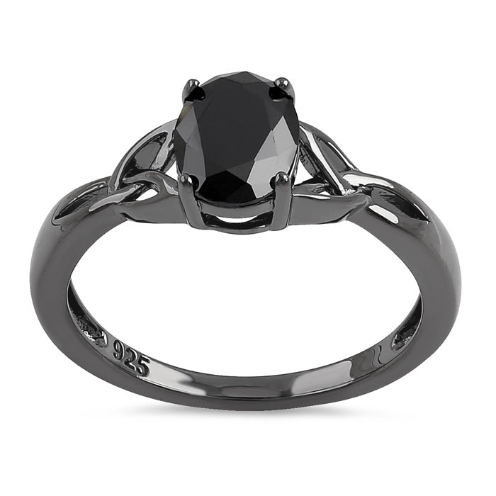 Sterling Silver Black Rhodium Plated Charmed Oval Black CZ Ring