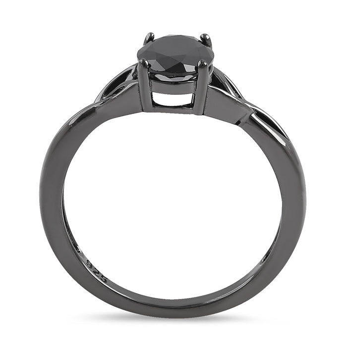 Sterling Silver Black Rhodium Plated Charmed Oval Black CZ Ring