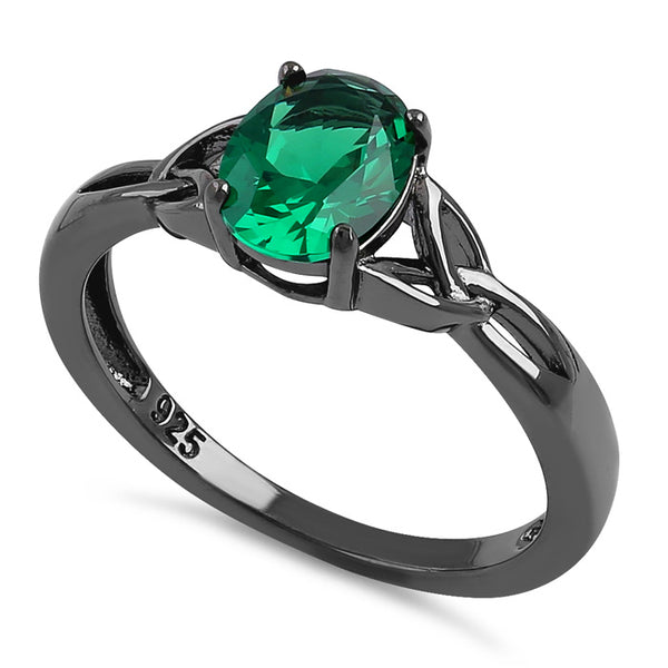 Sterling Silver Black Rhodium Plated Charmed Oval Green CZ Ring