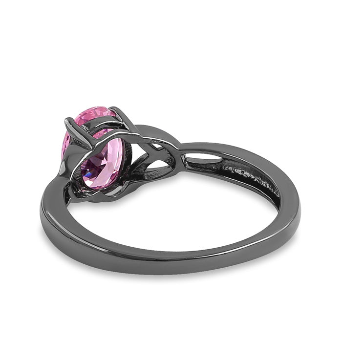 Sterling Silver Black Rhodium Plated Charmed Oval Pink CZ Ring