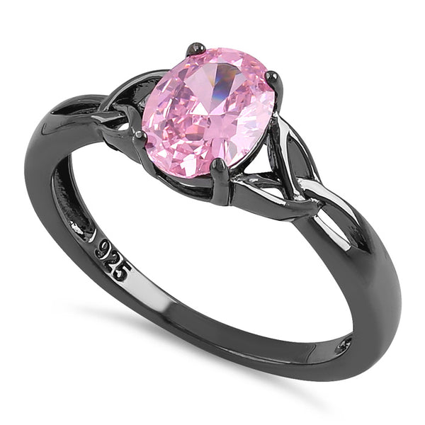 Sterling Silver Black Rhodium Plated Charmed Oval Pink CZ Ring