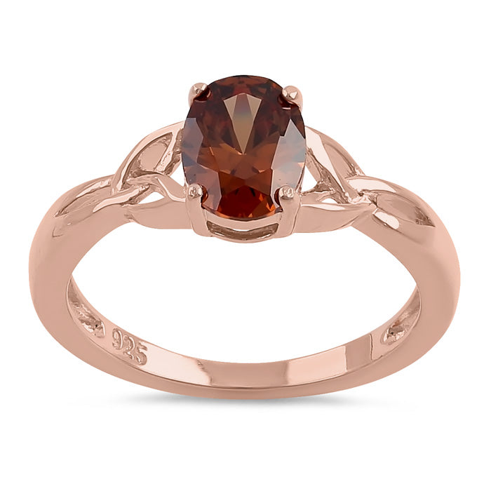 Sterling Silver Rose Gold Plated Charmed Oval Brown CZ Ring