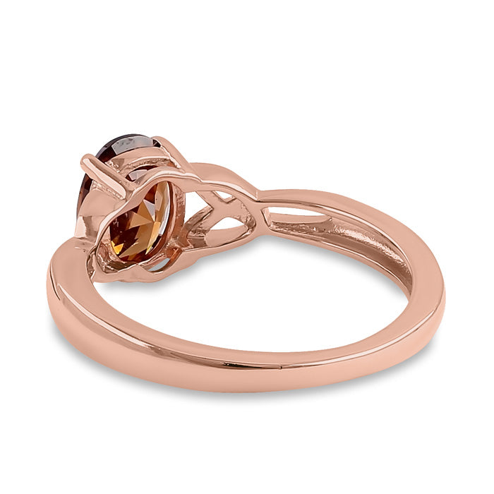 Sterling Silver Rose Gold Plated Charmed Oval Brown CZ Ring