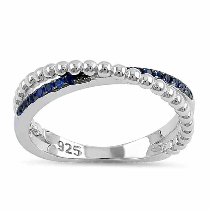 Sterling Silver Multi-Plated Overlap Beads Blue CZ Ring