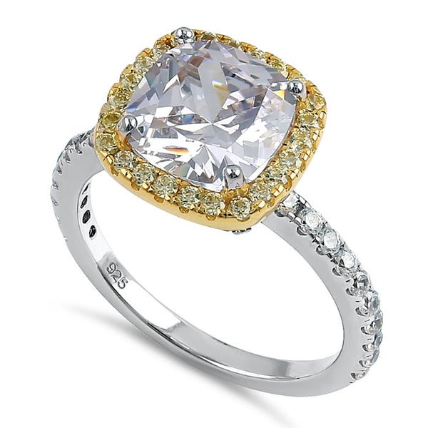Sterling Silver Muti-Plated Cushion Cut Yellow and Clear CZ Ring