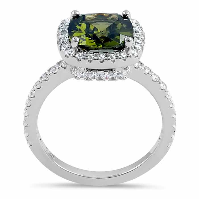 Sterling Silver Cushion Cut Peridot and Clear CZ Ring