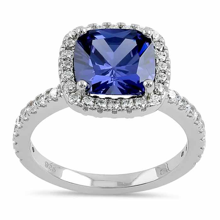Sterling Silver Cushion Cut Tanzanite and Clear CZ Ring