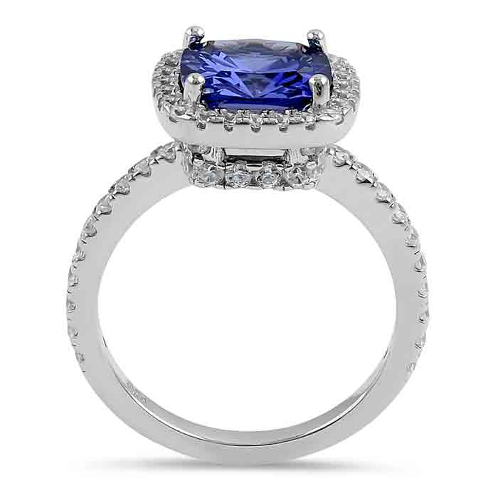 Sterling Silver Cushion Cut Tanzanite and Clear CZ Ring