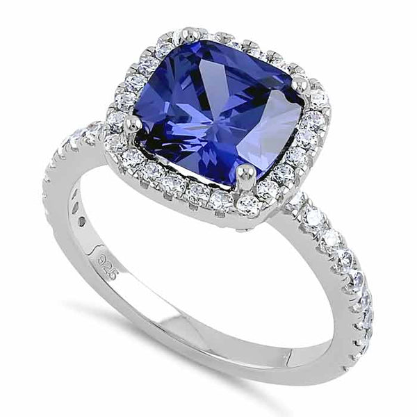 Sterling Silver Cushion Cut Tanzanite and Clear CZ Ring