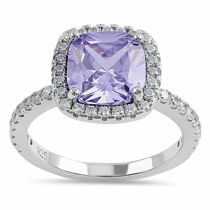 Sterling Silver Cushion Cut Lavender and Clear CZ Ring
