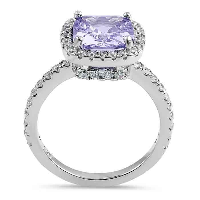 Sterling Silver Cushion Cut Lavender and Clear CZ Ring