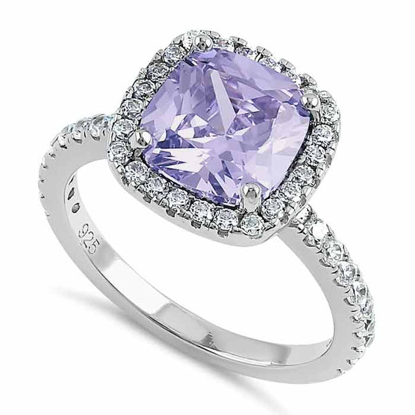 Sterling Silver Cushion Cut Lavender and Clear CZ Ring