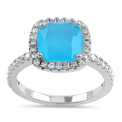 Sterling Silver Cushion Cut Light Blue Cloudy Glass and Clear CZ Ring