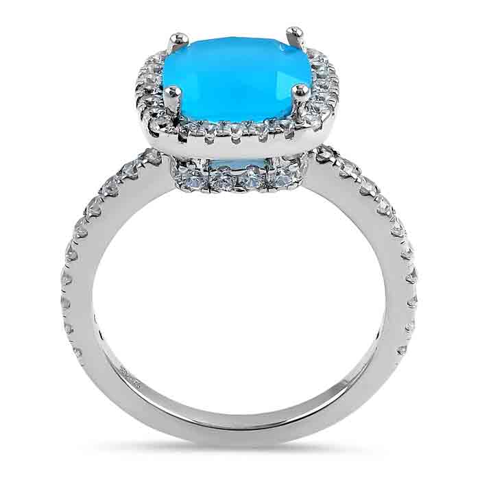 Sterling Silver Cushion Cut Light Blue Cloudy Glass and Clear CZ Ring