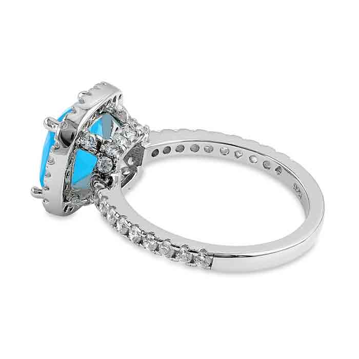 Sterling Silver Cushion Cut Light Blue Cloudy Glass and Clear CZ Ring