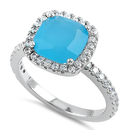 Sterling Silver Cushion Cut Light Blue Cloudy Glass and Clear CZ Ring