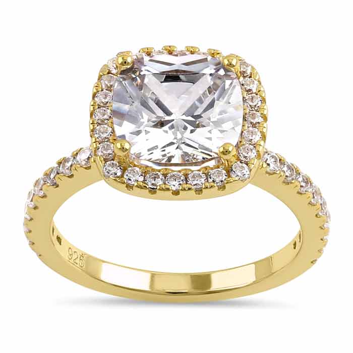 Sterling Silver Gold Plated Cushion Cut Clear CZ Ring