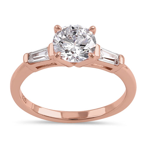 Sterling Silver Rose Gold Plated Round and Baguette Cut Clear CZ Ring