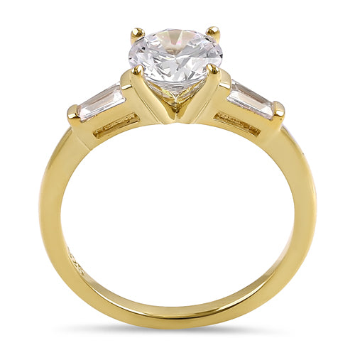 Sterling Silver Gold Plated Round and Baguette Cut Clear CZ Ring