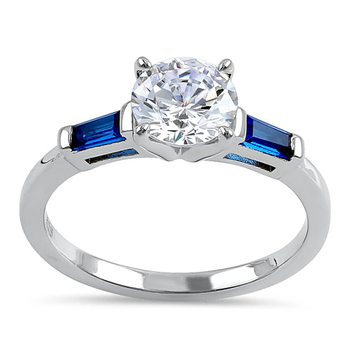Sterling Silver Round and Baguette Cut Blue and Clear CZ Ring
