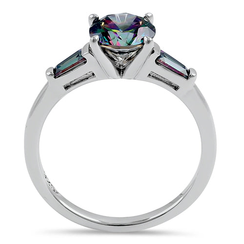 Sterling Silver Round and Baguette Cut Rainbow CZ Ring