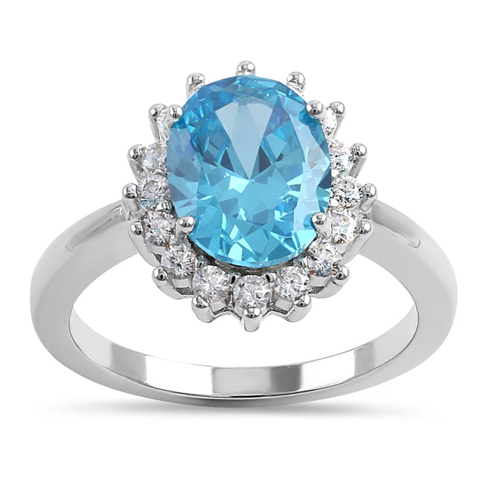 Sterling Silver Aqua Blue Oval CZ Ring