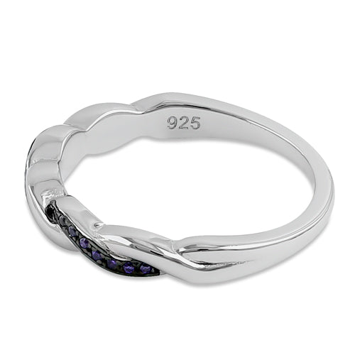 Sterling Silver and Black Rhodium Plated Braided with Amethyst CZ Ring