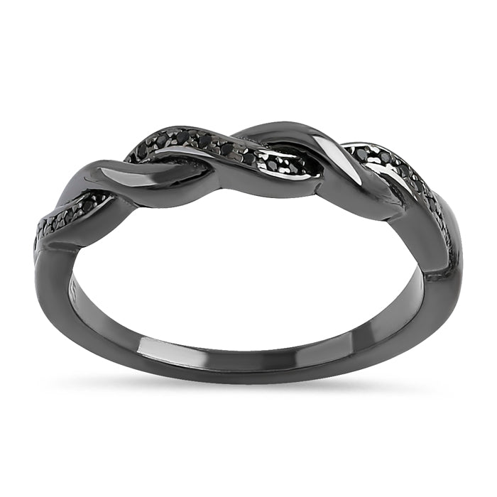 Sterling Silver Black Rhodium Plated Braided with Black CZ Ring